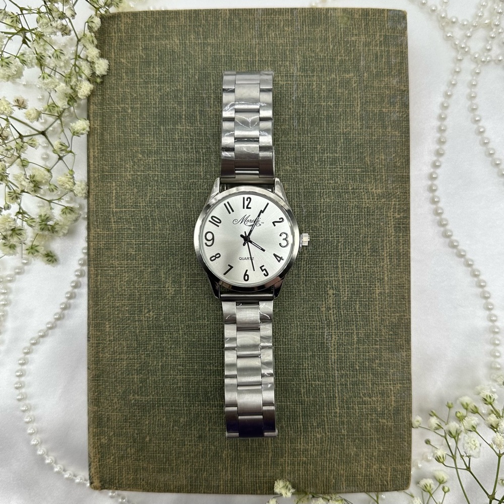 Silver Metal Watch with White Dial